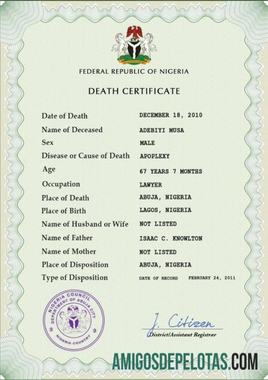 Imprimível modelo PSD de certidão de óbito de registro vital da Nigéria